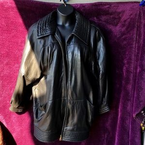 Oversize bomber Pano Sereti black longer leather zip jacket, L